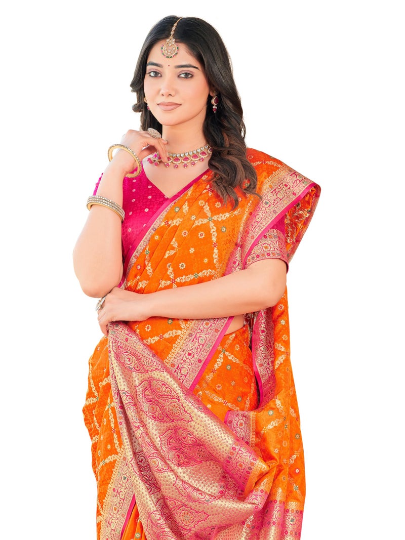 Glory Sarees Women’s Pure Kanjivaram Soft Banarasi Original Satin Silk Woven Hand Dyed Wedding Saree With Blouse Piece (Satin Silk104_Orange) - Image 1