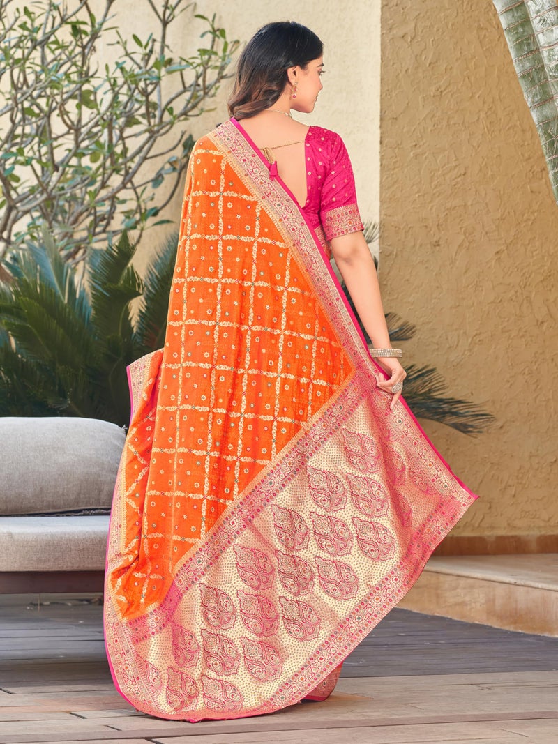 Glory Sarees Women’s Pure Kanjivaram Soft Banarasi Original Satin Silk Woven Hand Dyed Wedding Saree With Blouse Piece (Satin Silk104_Orange) - Image 4