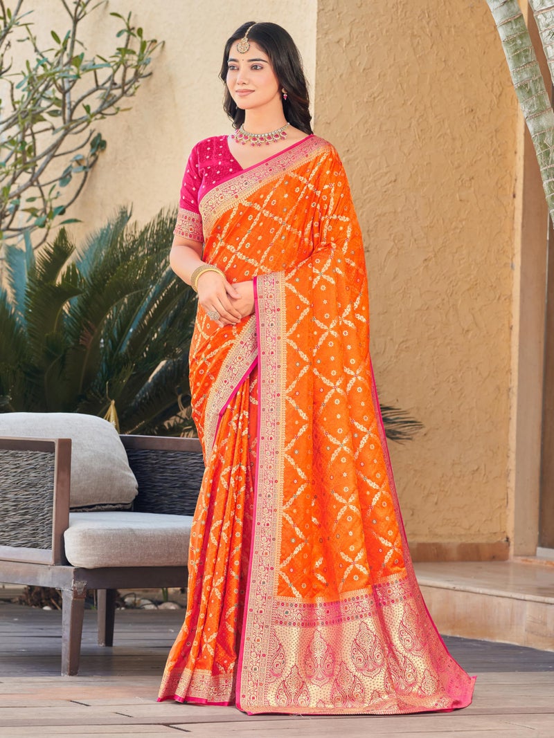 Glory Sarees Women’s Pure Kanjivaram Soft Banarasi Original Satin Silk Woven Hand Dyed Wedding Saree With Blouse Piece (Satin Silk104_Orange) - Image 3