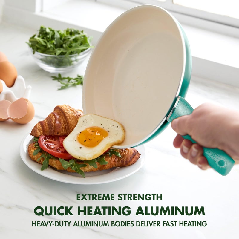 GreenPan Rio Healthy Ceramic Nonstick 8" Frying Pan Skillet and Silicone Spatula Set, Soft Grip Handle, Breaktfast Meal Set, PFAS-Free, Dishwasher Safe, Oven Safe, Turquoise - Image 2