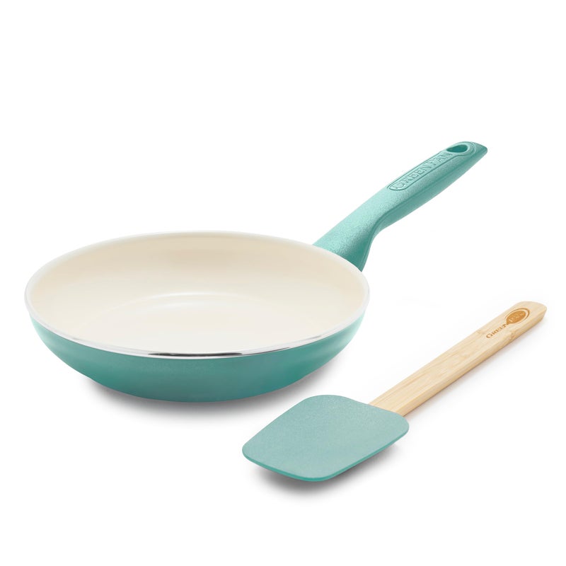 GreenPan Rio Healthy Ceramic Nonstick 8" Frying Pan Skillet and Silicone Spatula Set, Soft Grip Handle, Breaktfast Meal Set, PFAS-Free, Dishwasher Safe, Oven Safe, Turquoise - Image 1