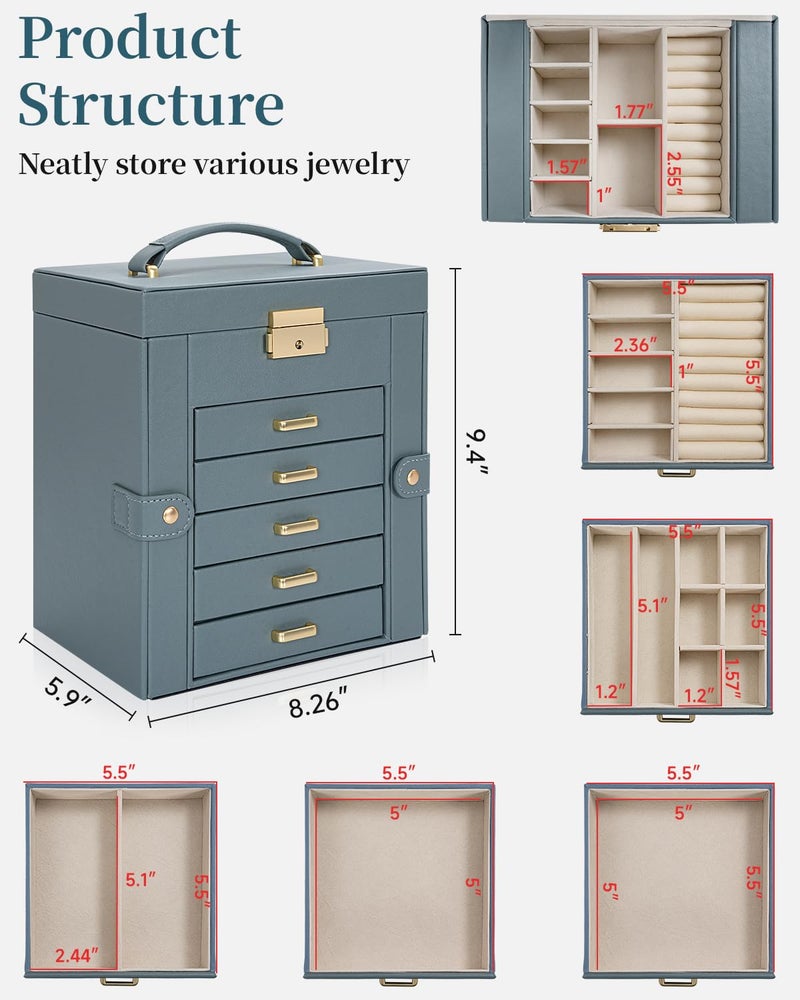 TORIBIO Large Jewelry Box for Women, Leather Jewelry Organizer with Mirror & Lock, 6-Tier Jewelry Storage Case for Girls/Women/Mothers, Necklace Earring Bracelets Holder Organizer, Grey Blue - Image 2