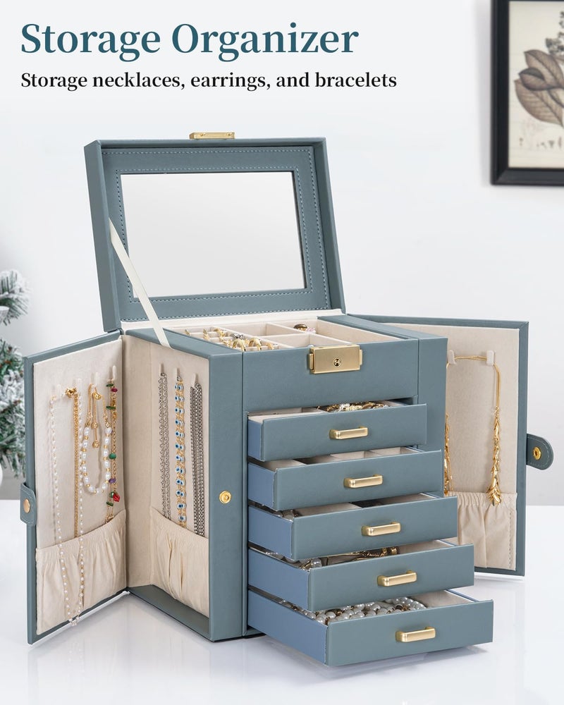 TORIBIO Large Jewelry Box for Women, Leather Jewelry Organizer with Mirror & Lock, 6-Tier Jewelry Storage Case for Girls/Women/Mothers, Necklace Earring Bracelets Holder Organizer, Grey Blue - Image 3