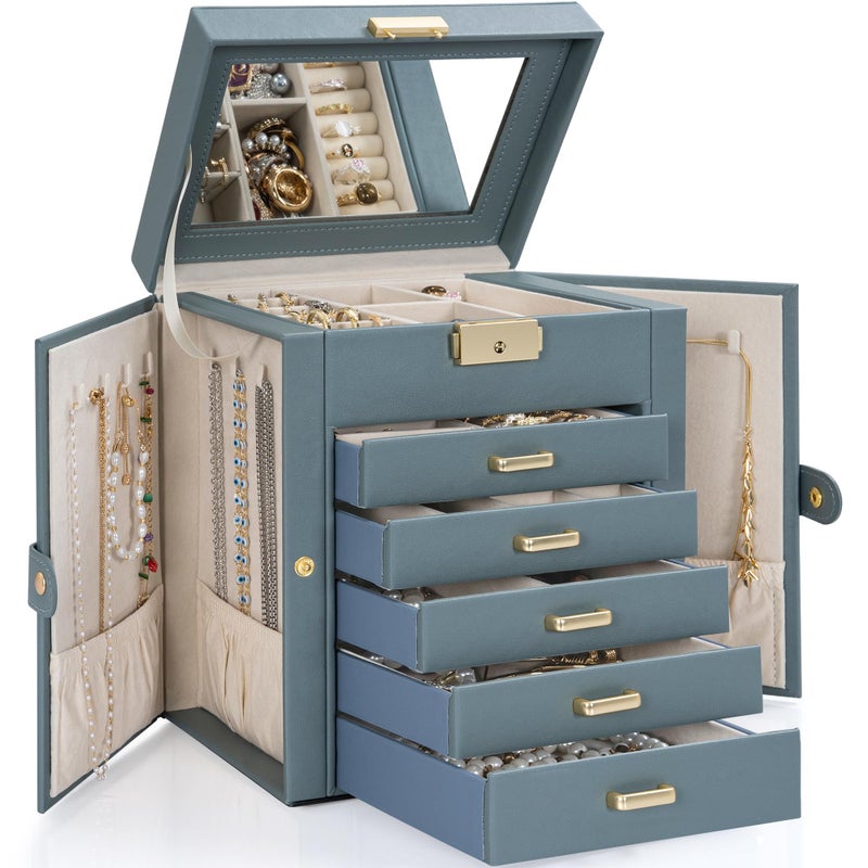 TORIBIO Large Jewelry Box for Women, Leather Jewelry Organizer with Mirror & Lock, 6-Tier Jewelry Storage Case for Girls/Women/Mothers, Necklace Earring Bracelets Holder Organizer, Grey Blue - Image 1
