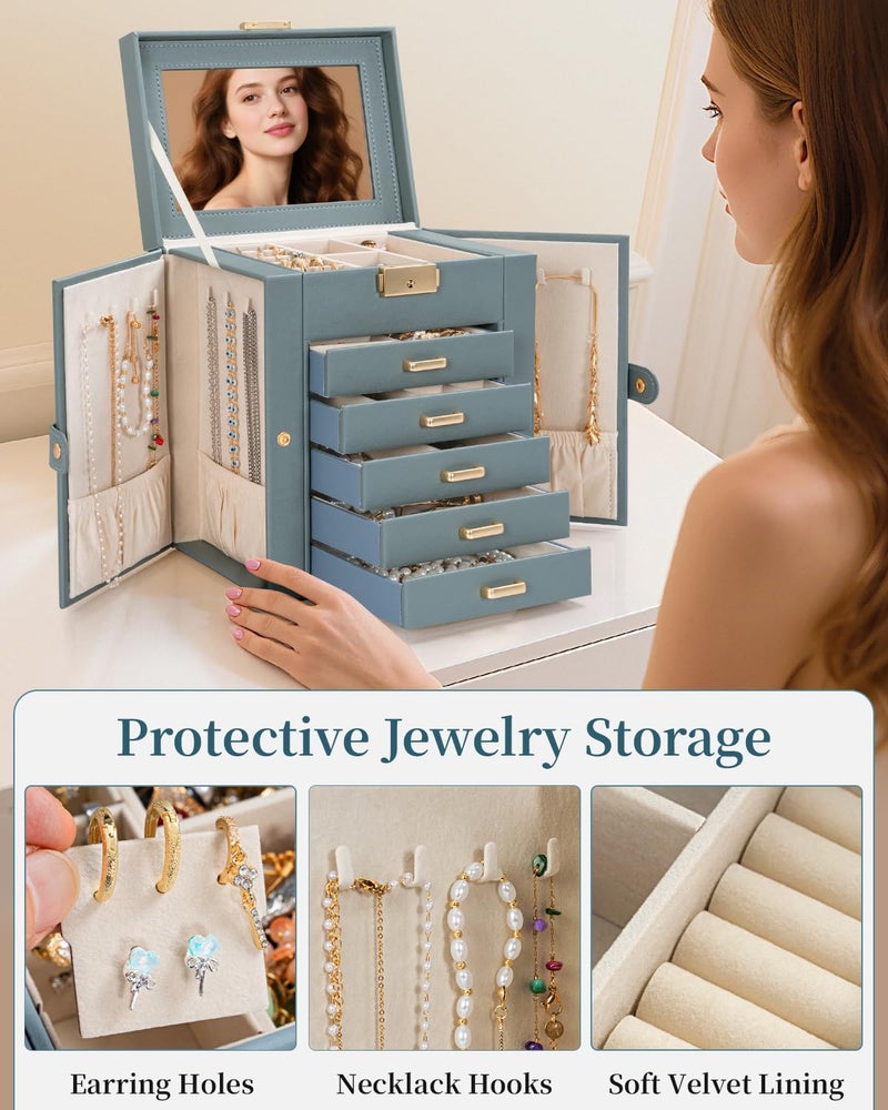 TORIBIO Large Jewelry Box for Women, Leather Jewelry Organizer with Mirror & Lock, 6-Tier Jewelry Storage Case for Girls/Women/Mothers, Necklace Earring Bracelets Holder Organizer, Grey Blue - Image 5