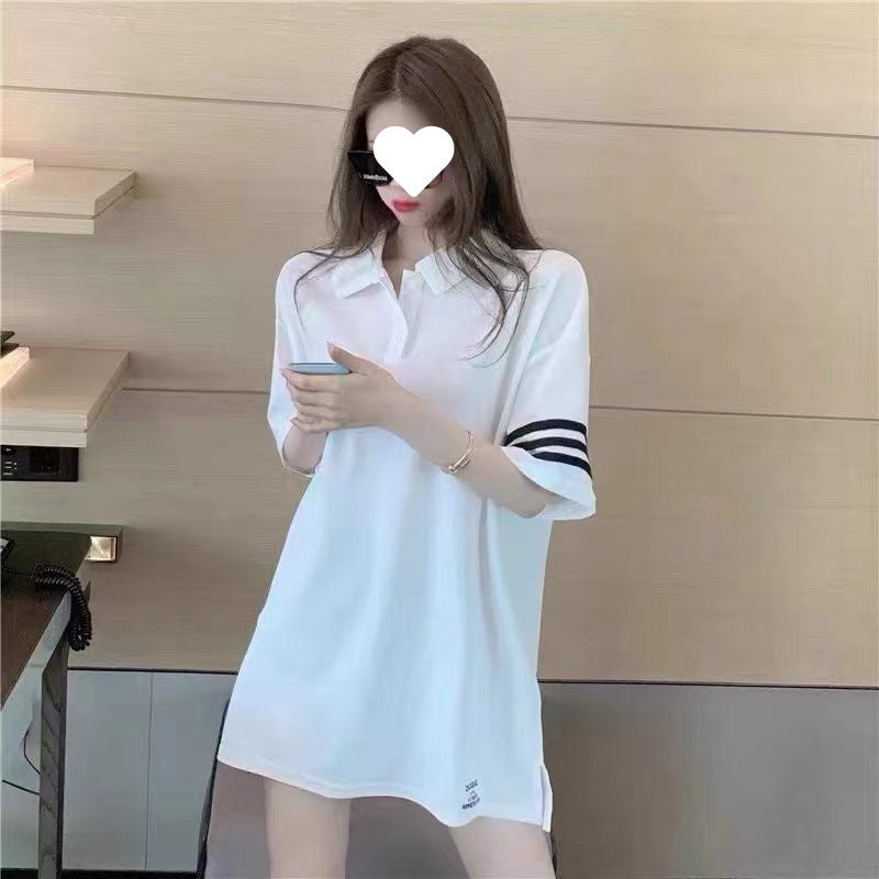 Pure Cotton Vintage Contrast Striped T-Shirt Skirt Womens Summer Embroidered plus size Pregnant Womens Loose Mid-length Belly-covering Slim T-shirt A37 white (pearl cotton, high quality)