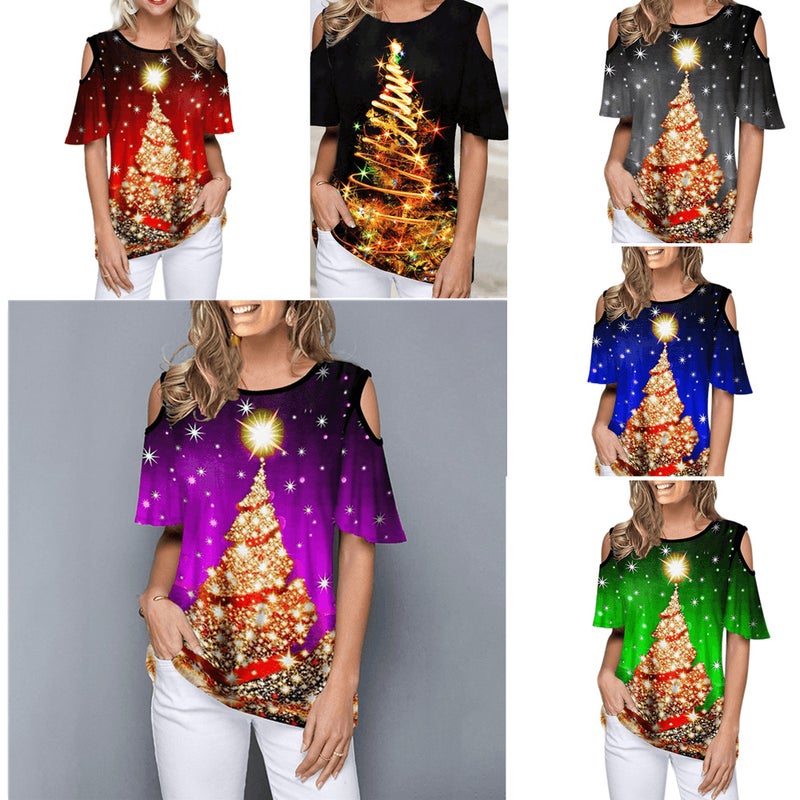2021 Amazon Europe and the United States cross-border Christmas fashion printing womens casual short sleeve T-shirt jacket factory outlet Purple - Image 5