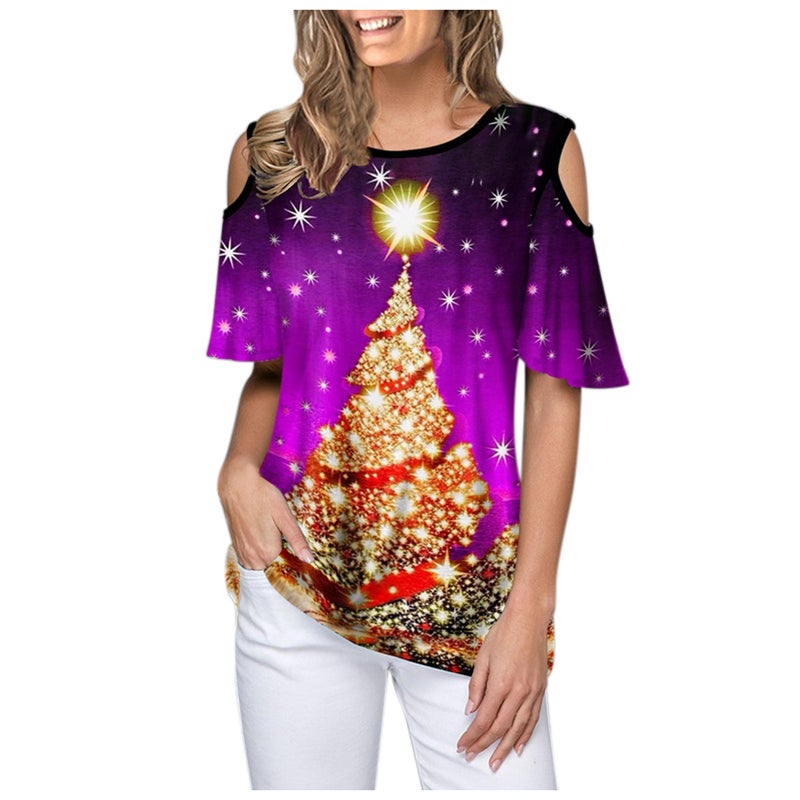 2021 Amazon Europe and the United States cross-border Christmas fashion printing womens casual short sleeve T-shirt jacket factory outlet Purple - Image 1