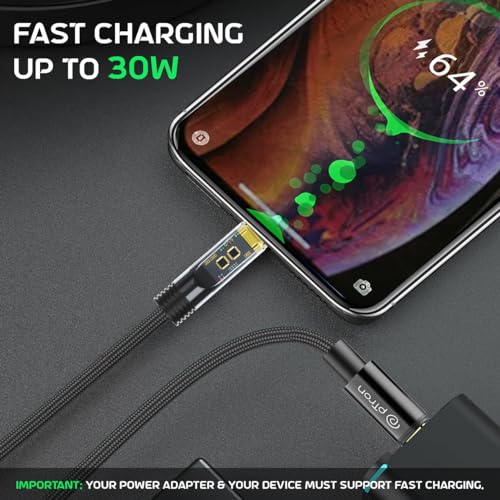 pTron Solero 30W Type-C to 8 Pin iOS Device Fast Charging Cable, Compatible with Iphone 14, 14 Pro, 14 Pro Max, 14 Plus, 13, 13 Pro, 13 Pro Max, 13 Mini,12,12 Pro, Unbreakable Nylon Braid (1M, Black) - Image 2