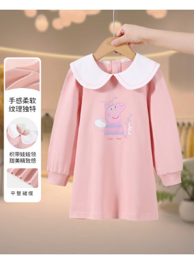 peppa Pig Spring Girls' Soft & Comfortable Dress With Adorable Turn-down Collar Mid-length Dress - Image 1