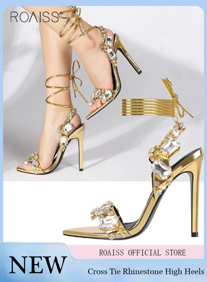 roaiss Stylish Luxury Stiletto Sandals Women'S Daily Party Gorgeous Shiny Gemstone Pointed Open Toe Cross Strap High Heels - Image 2