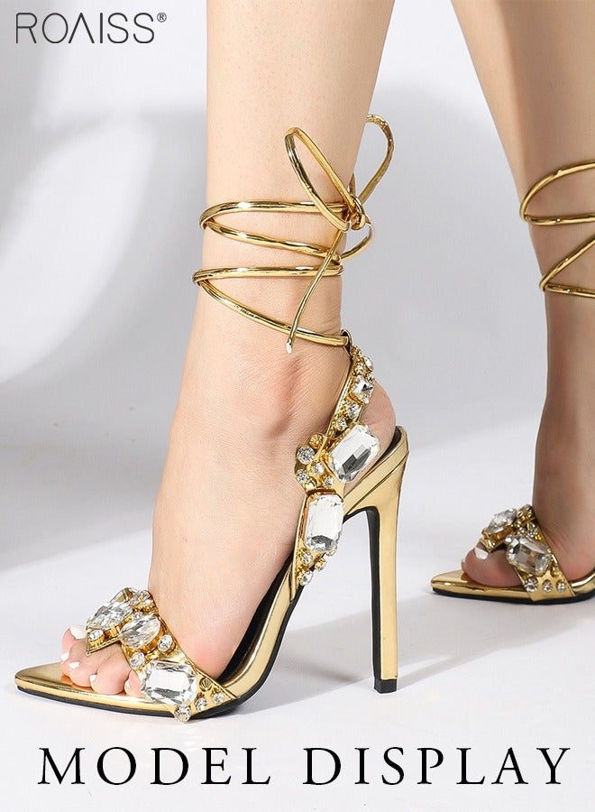 roaiss Stylish Luxury Stiletto Sandals Women'S Daily Party Gorgeous Shiny Gemstone Pointed Open Toe Cross Strap High Heels - Image 1