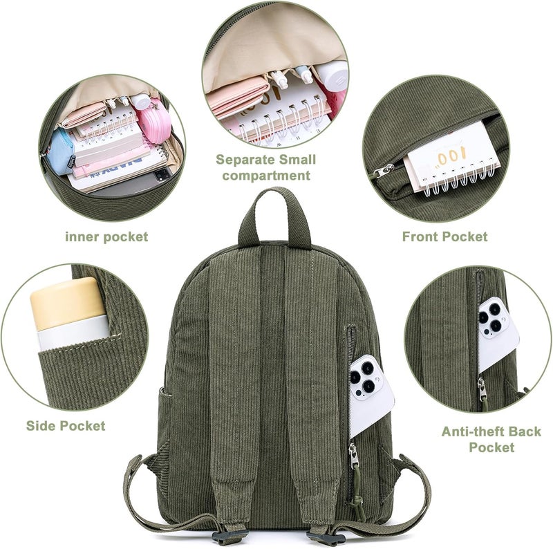BLUBOON Girls Mini Backpack Women Small Backpack Purse Teens Cute Casual School Bookbag(Corduroy Army Green) - Image 4