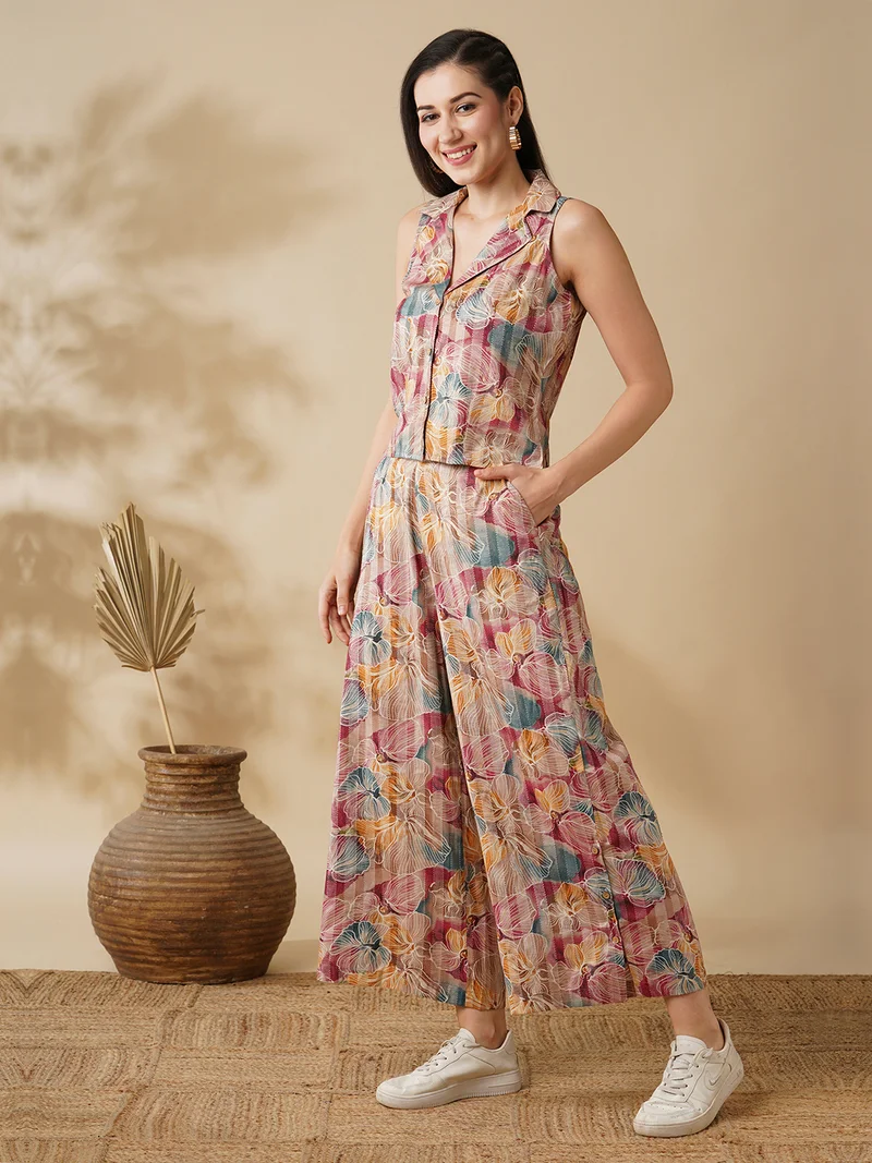globus Globus Women Floral Printed Notch Lapel Shirt & Palazzos Co-Ord Set
