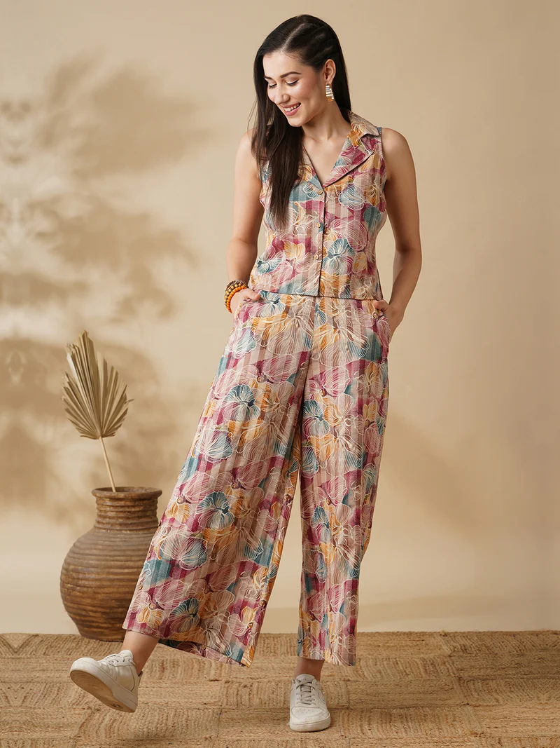 globus Globus Women Floral Printed Notch Lapel Shirt & Palazzos Co-Ord Set