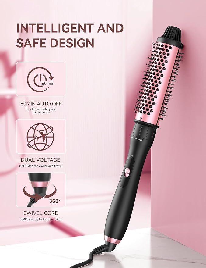 LANDOT Thermal Brush Heated Round Brush 38 mm Curling Brush for Blowout Volumizing Look Dual Voltage Ceramic Wand Curling Iron Brush with Detachable Head for Travel