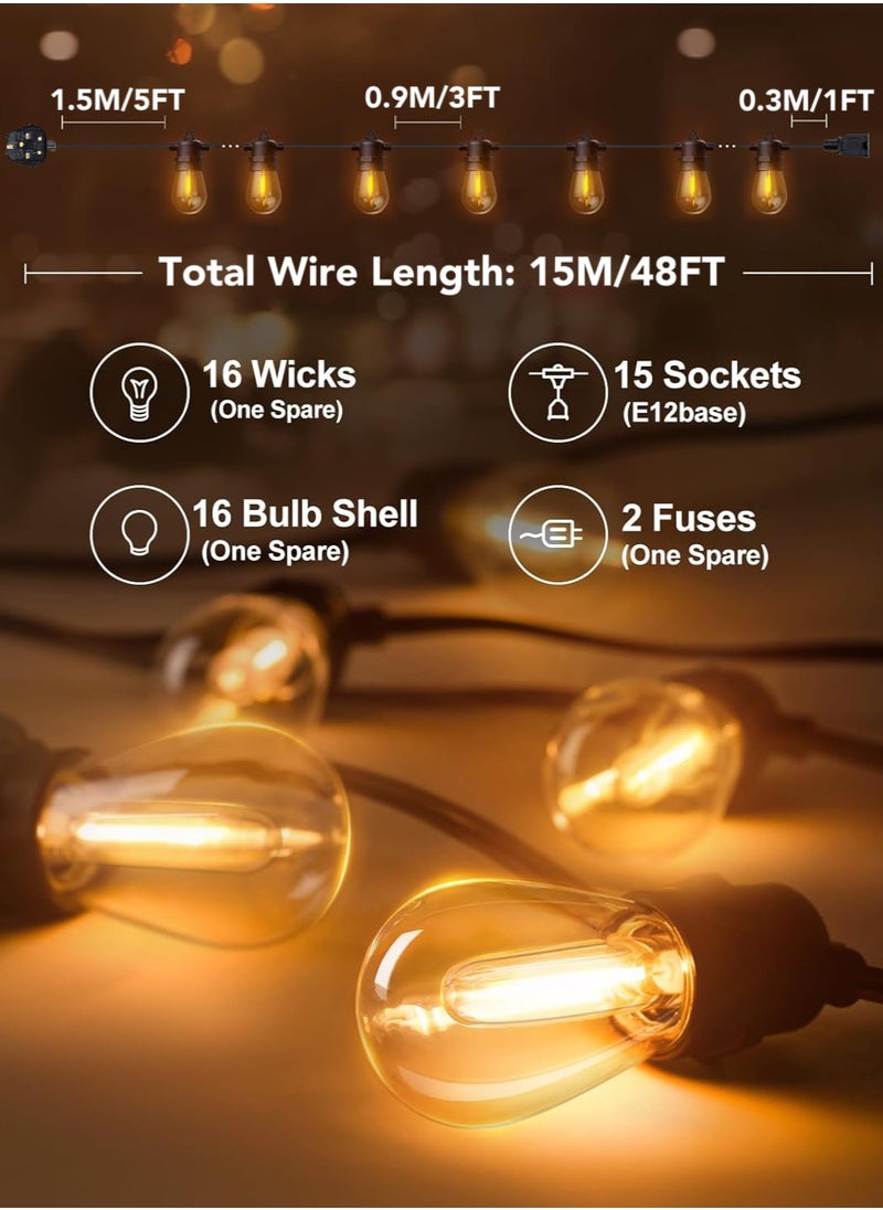 Oasis Casa - 15M Connectable LED Outdoor Lights, LED Hanging Garden Lights, Waterproof Warm White Decorative String Lights 2700k 15+1(Spare) Bulbs for Balcony Patio Terrace Backyard Wedding Party Cafe Restaurant - Image 1