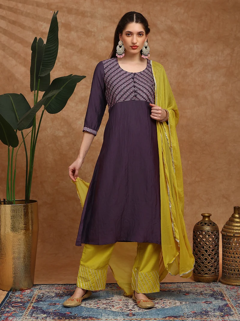 Globus Women Purple Embroidered Yoke A-Line Kurta With Gotta Lace Wide Leg Pants & Dupatta Festive Set