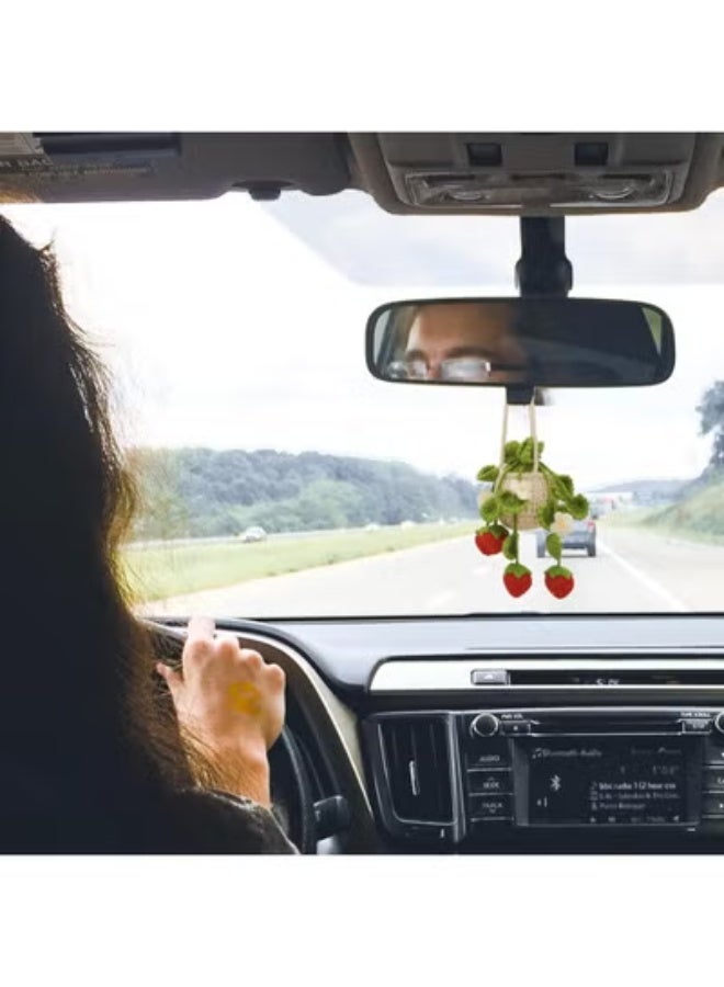 COYO نبات معلق بالكروشيه للسيارة، زينة داخلية للسيارة، إكسسوارات سيارة جمالية بالفراولة للنساء، زينة للسيارة، تعليقات لمرآة الرؤية الخلفية، زينة سيارة بوهو - Image 3