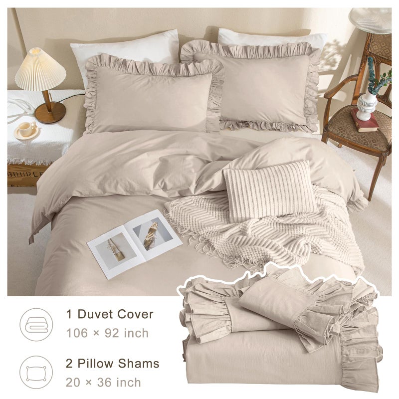 QSH 3Pcs Washed Cotton Ruffle Duvet Cover King Size,Beige Khaki Linen Like Shabby Farmhouse Vintage Boho Chic Comforter Cover French Country Rustic Ruffled Bedding Set Soft Breathable Quilt Cover Set - Image 5