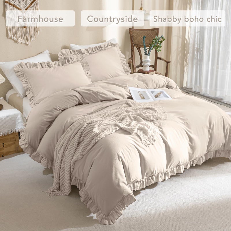 QSH 3Pcs Washed Cotton Ruffle Duvet Cover King Size,Beige Khaki Linen Like Shabby Farmhouse Vintage Boho Chic Comforter Cover French Country Rustic Ruffled Bedding Set Soft Breathable Quilt Cover Set - Image 4