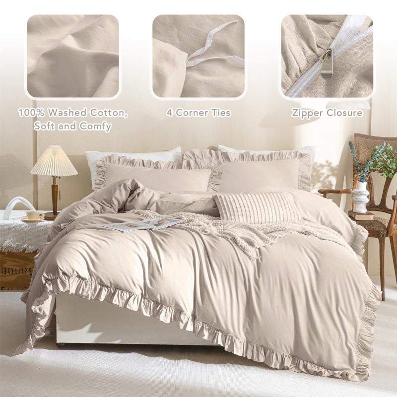 QSH 3Pcs Washed Cotton Ruffle Duvet Cover King Size,Beige Khaki Linen Like Shabby Farmhouse Vintage Boho Chic Comforter Cover French Country Rustic Ruffled Bedding Set Soft Breathable Quilt Cover Set - Image 3