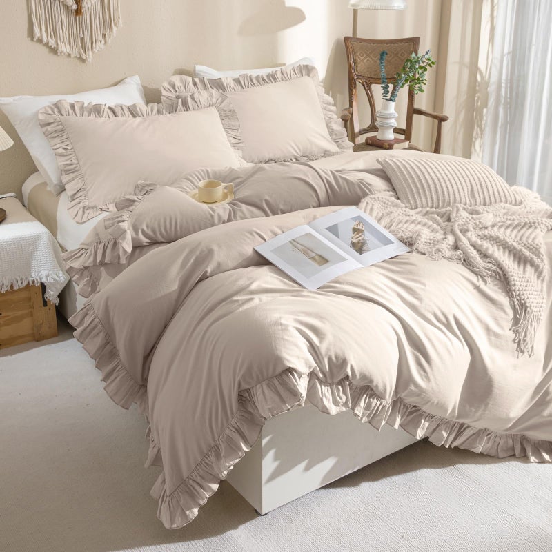 QSH 3Pcs Washed Cotton Ruffle Duvet Cover King Size,Beige Khaki Linen Like Shabby Farmhouse Vintage Boho Chic Comforter Cover French Country Rustic Ruffled Bedding Set Soft Breathable Quilt Cover Set - Image 2