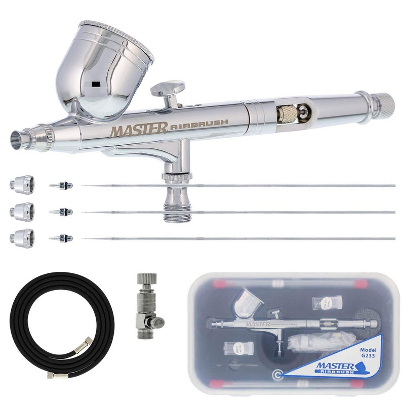 Master Airbrush G233 Performance Pro Airbrush Kit with 3 Nozzle Sets (0.2, 0.3 & 0.5mm Needles, Fluid Tips & Air Caps) Hose, Dual Action Gravity - Air Brush Gun for Painting, Aerografo Body Art & Cake - Image 1