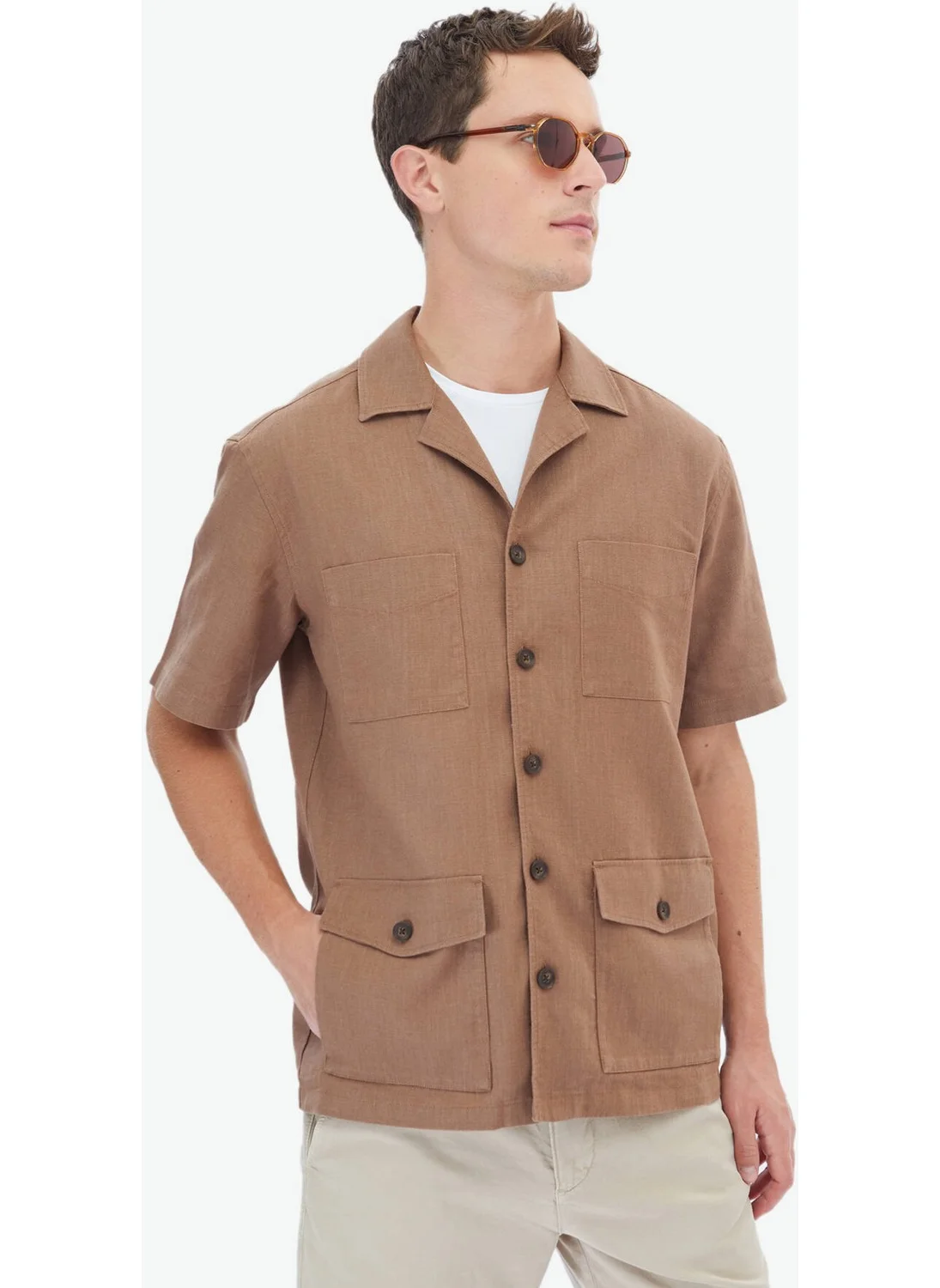 Kip Hazelnut Plain Regular Fit Woven Overshirt