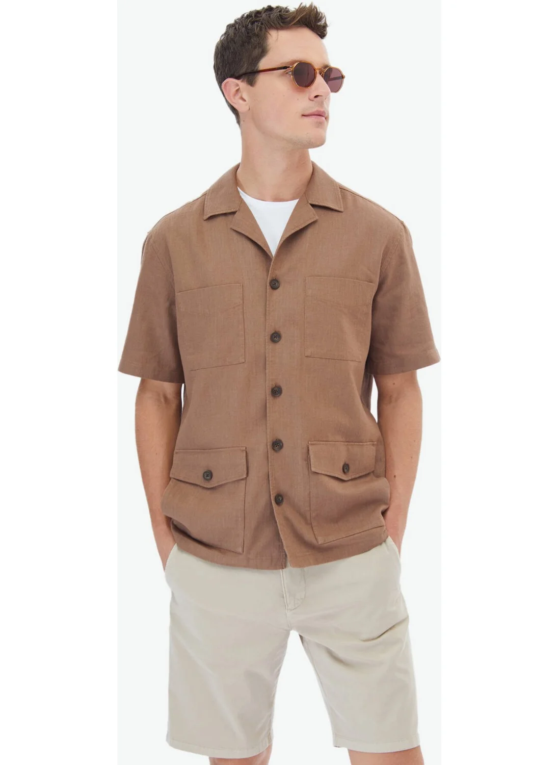 Kip Hazelnut Plain Regular Fit Woven Overshirt