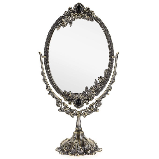 METAL TABLETOP ANTIQUE DECORATIVE MAKEUP MIRROR WITH STAND VINTAGE SWIVEL DOUBLE SIDED COSMETIC MIRROR WITH FRAME RETRO DESKTOP OVAL DRESSING MIRROR FOR BATHROOM BEDROOM