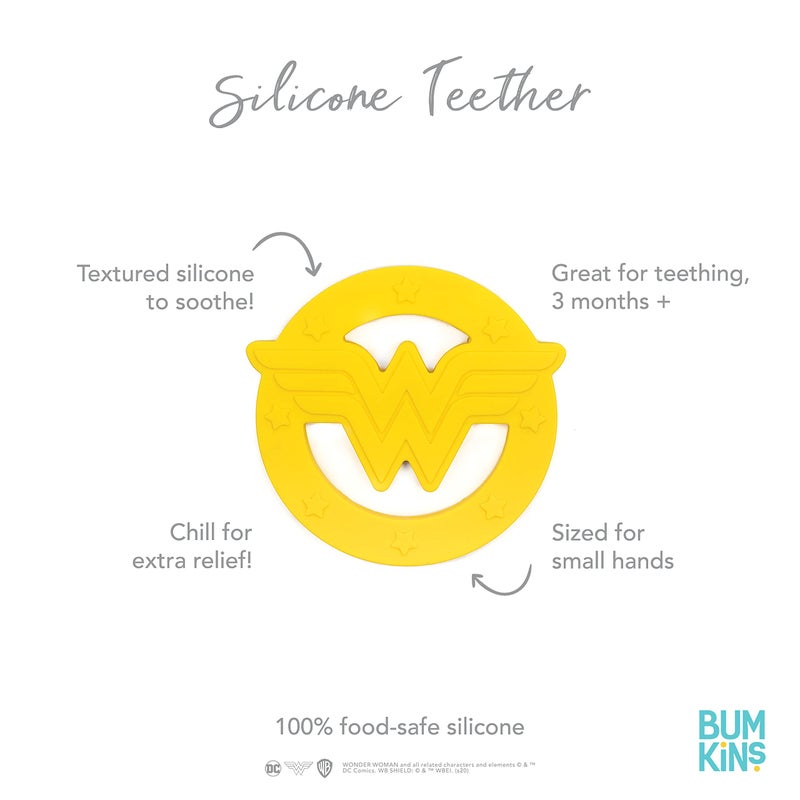 Bumkins Baby Teething Freezer Toy Keys Rings, Soft Flexible Silicone Pacifier, Safe to Chew, Cool Gum Relief, Essentials for Babies 3 Months, Freezable, Sensory Textured, Wonder Woman DC Comics - Image 4