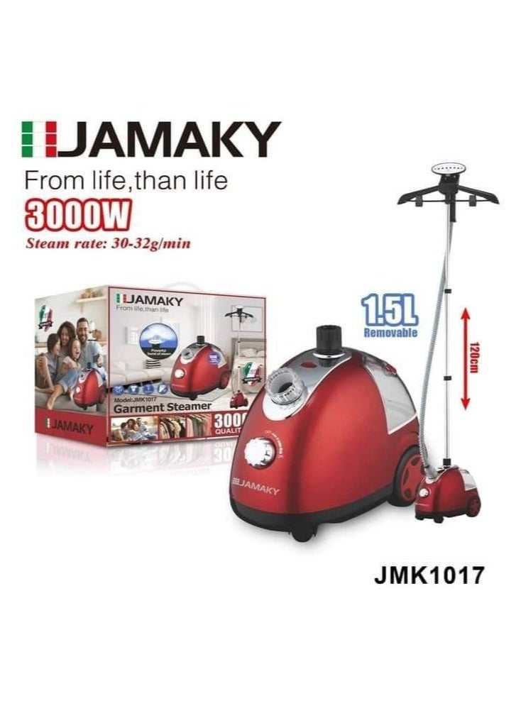 Jamaky Italy مكواة بخار مع حامل من جاماكي بقدرة 3000 وات بجهد 220 فولت وتردد يصل إلى 50 هرتز خزان 1.5 لتر، بلون أحم بضمان سنه 