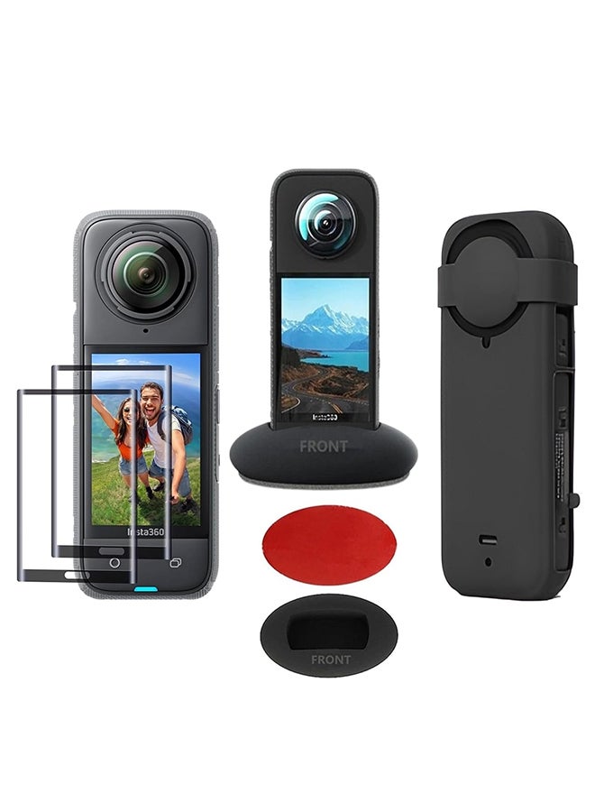 O Ozone O Ozone Silicone Protective Case for Insta360 X4 Accessories + (2 Pack) Tempered Glass Screen Protector Film + Silicone Desktop Base Stand Non-Slip Mount Accessories for Insta360 X4 - Black  - Image 1