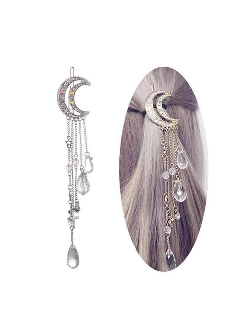Excefore Hair Clips for Women Romantic Rhinestone Crescent Moon Star Crystal Beads Tassel Drop Hair Pins Chain Hairpin for Women Girls Bridal Jewelry Hair Accessories - Image 1