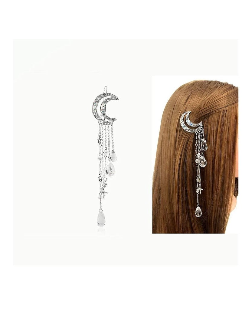 Excefore Hair Clips for Women Romantic Rhinestone Crescent Moon Star Crystal Beads Tassel Drop Hair Pins Chain Hairpin for Women Girls Bridal Jewelry Hair Accessories - Image 4