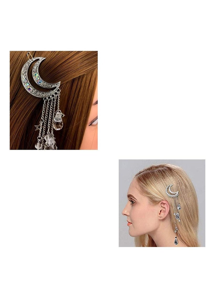 Excefore Hair Clips for Women Romantic Rhinestone Crescent Moon Star Crystal Beads Tassel Drop Hair Pins Chain Hairpin for Women Girls Bridal Jewelry Hair Accessories - Image 3