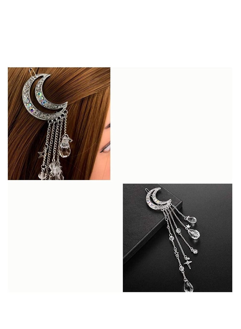 Excefore Hair Clips for Women Romantic Rhinestone Crescent Moon Star Crystal Beads Tassel Drop Hair Pins Chain Hairpin for Women Girls Bridal Jewelry Hair Accessories - Image 5