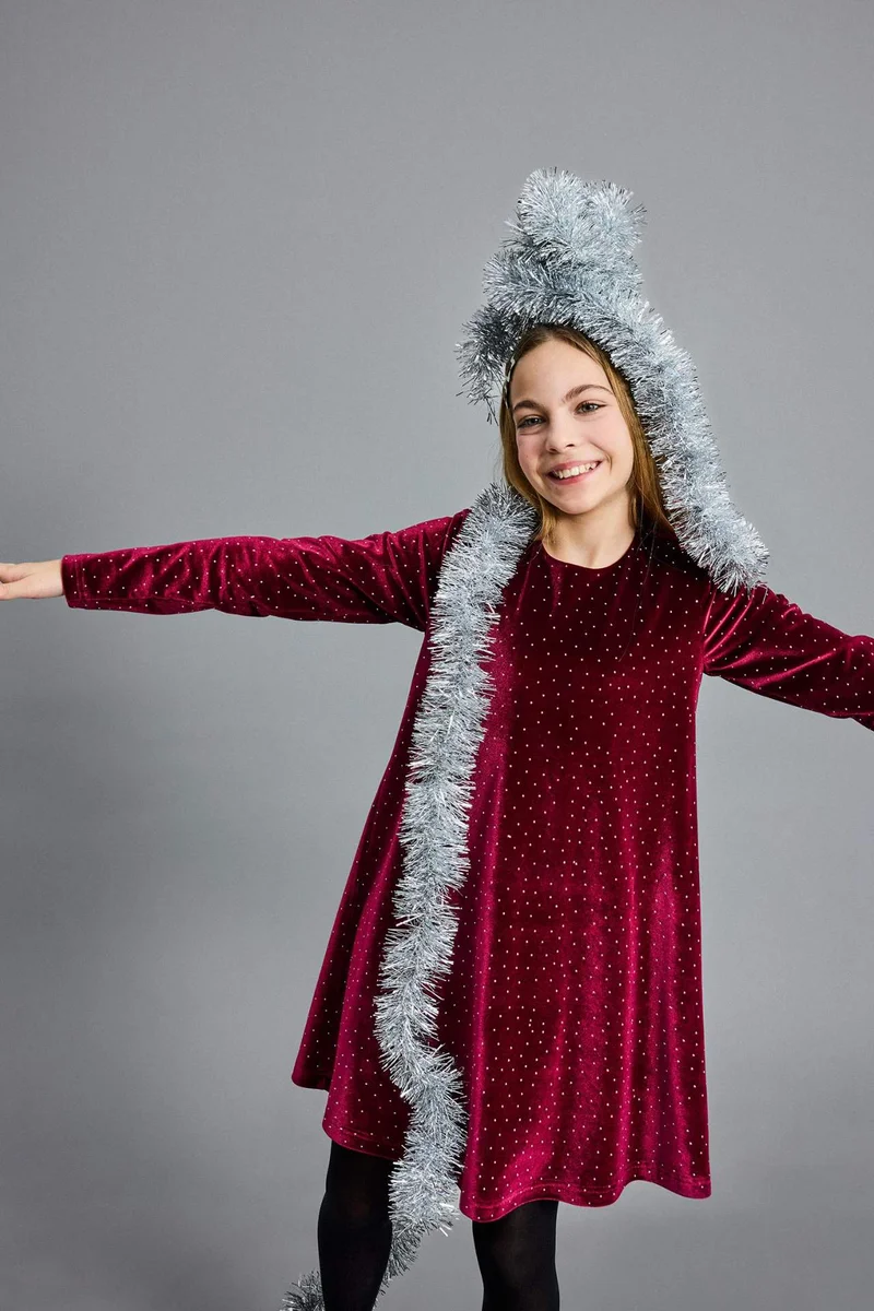 ديفاكتو Girl Crew Neck Velvet Long Sleeve Dress