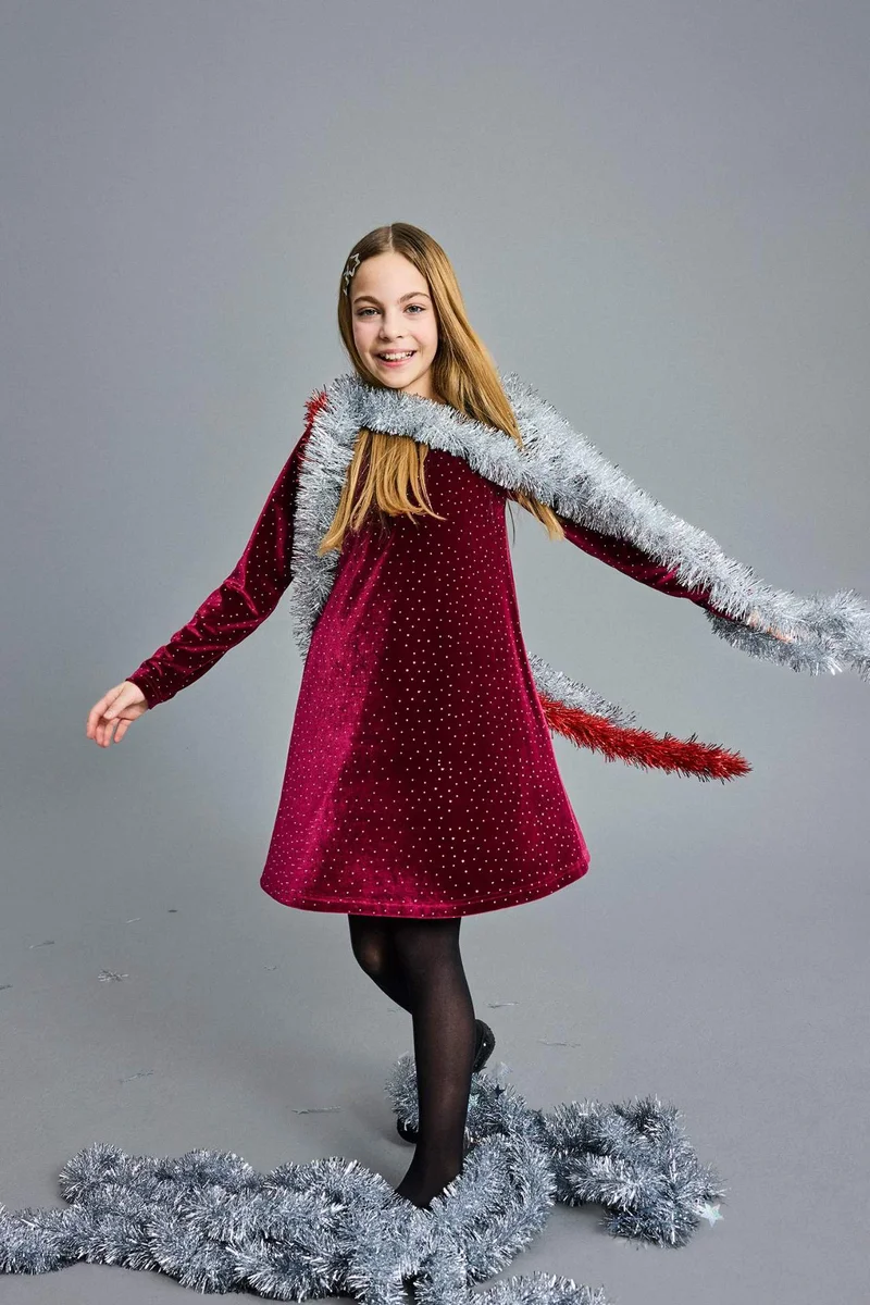 ديفاكتو Girl Crew Neck Velvet Long Sleeve Dress