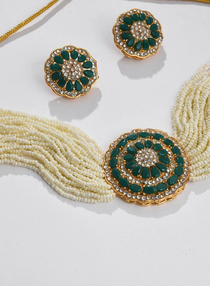 SOHI Green Stone-Studded Layered Artificial Jewellery Set