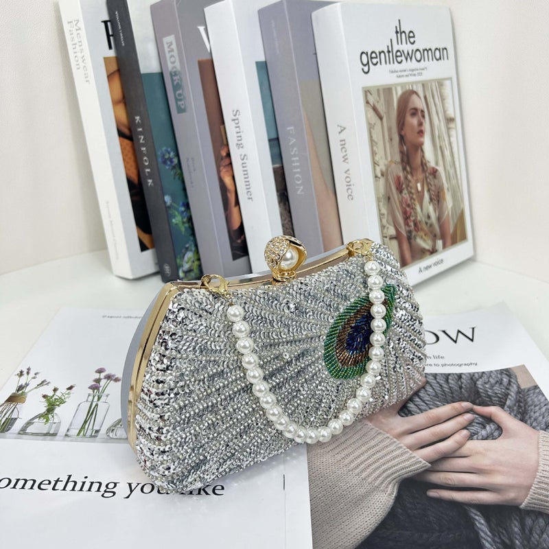 2023 New Retro Beaded Embroidered Evening Bag Embroidered Box Evening Bag Portable Pearl Chain Banquet Bag - Image 3