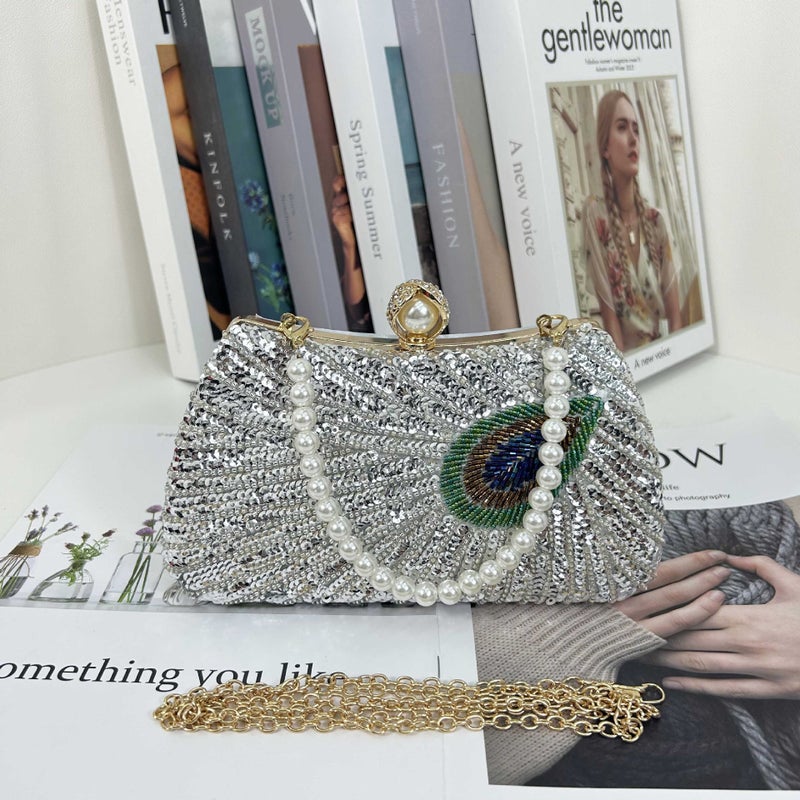2023 New Retro Beaded Embroidered Evening Bag Embroidered Box Evening Bag Portable Pearl Chain Banquet Bag - Image 5