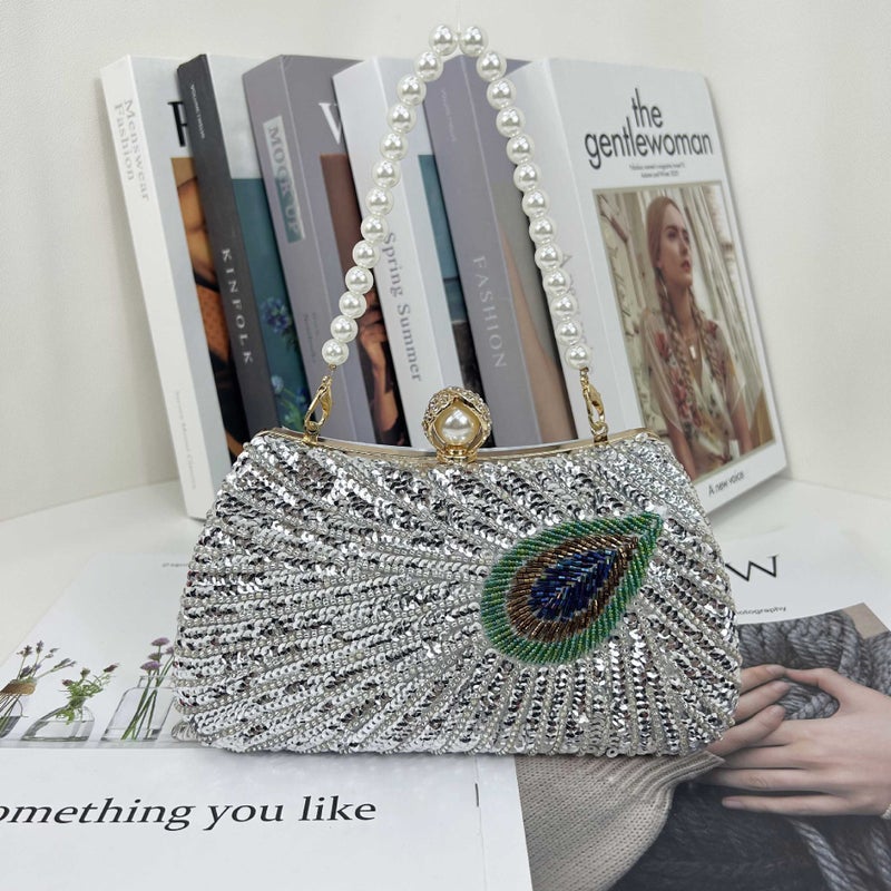 2023 New Retro Beaded Embroidered Evening Bag Embroidered Box Evening Bag Portable Pearl Chain Banquet Bag - Image 2