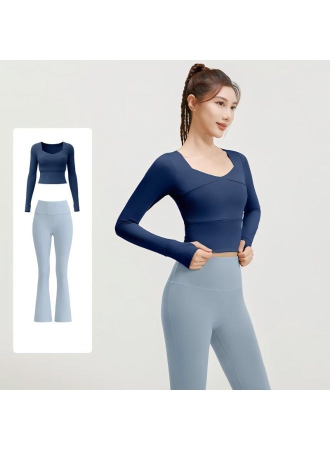 Women 2 Piece Workout Set - Built-in Bra Long Sleeve Crop Top with Thumb Holes & High Waisted Flare Leggings Tummy Control Slimming Tracksuit - Image 1