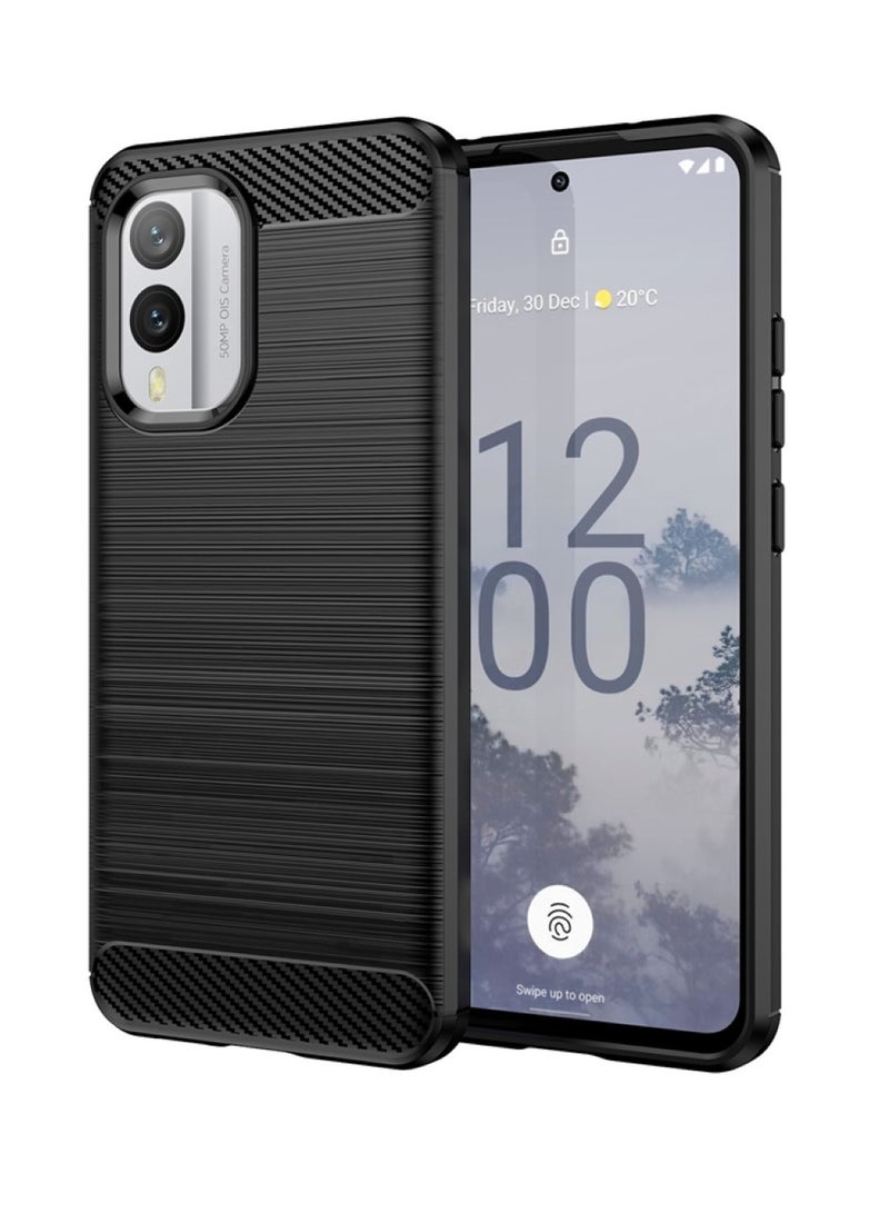 Nokia X30 Rugged Shield Cover – Black. Brushed carbon fiber texture, shockproof TPU, anti-slip, slim, and lightweight for durable protection.  - Image 1