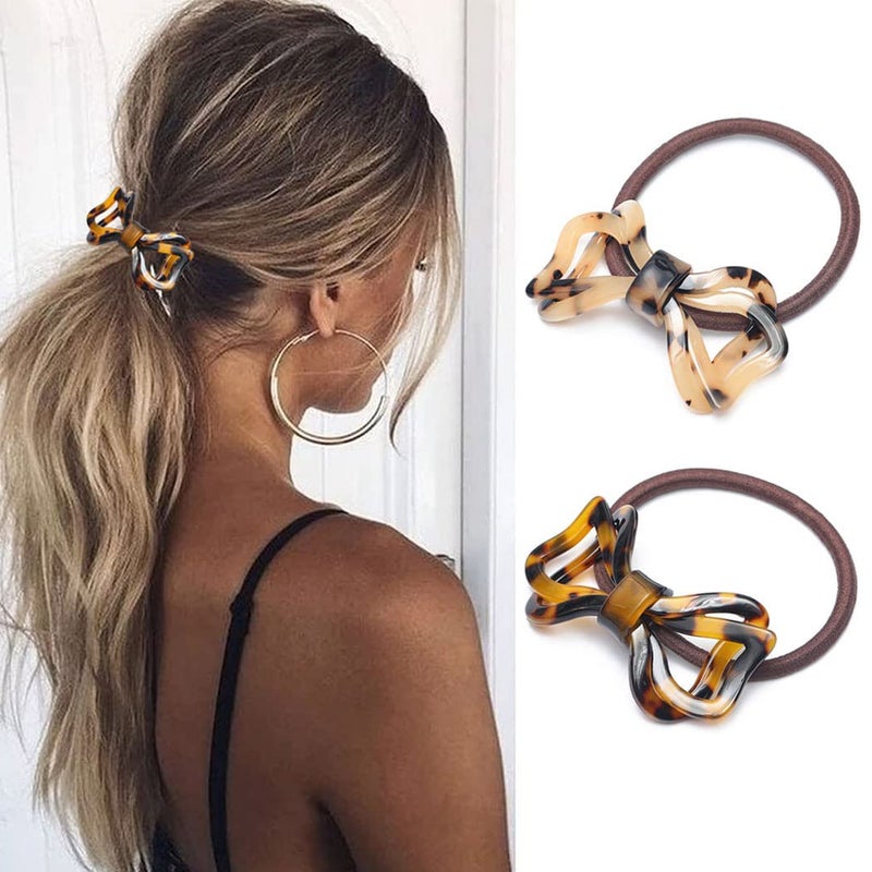 Brinie Tortoise Shell Hair Ties Bowknot Hair Scrunchies Elastic Hair Bands Styling Stretchy Ponytail Holders Hair Accessories for Women and Girls (Pack of 2)