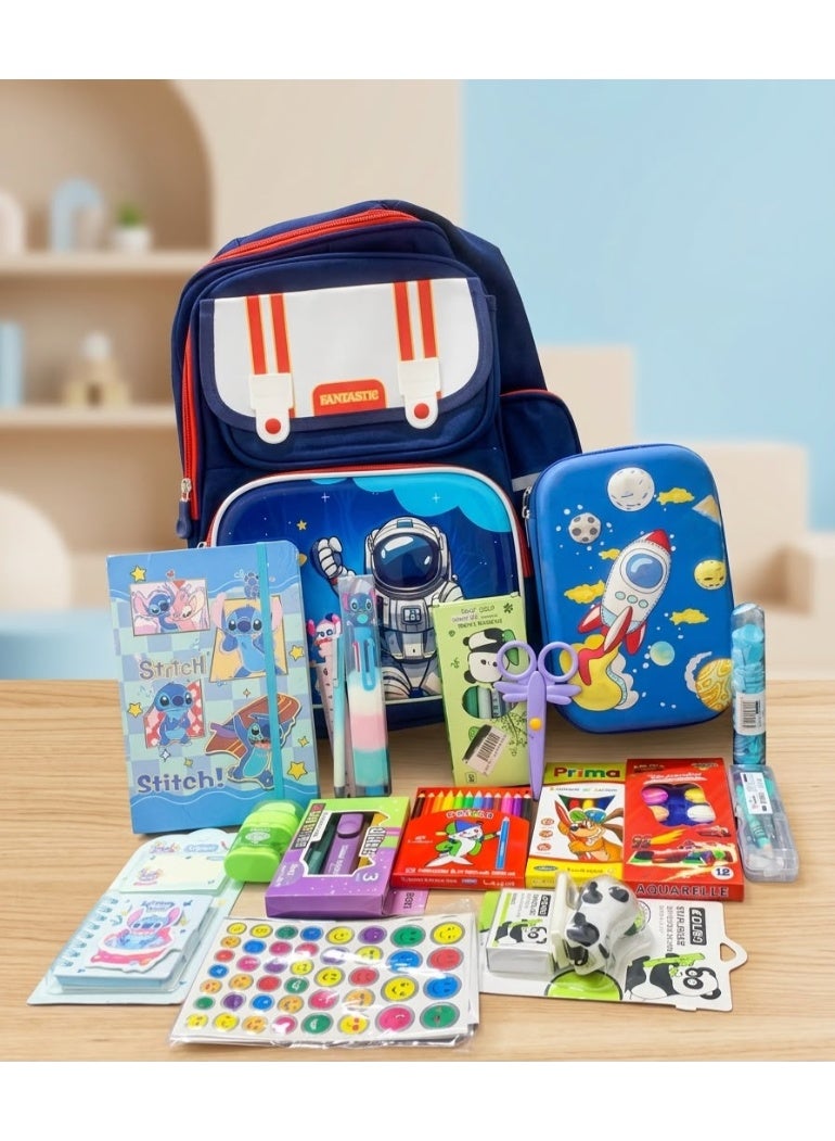 18-piece school supplies set (bag + notebook + notepad + pencil case + watercolors + colored pencils + markers + highlighter + stapler + compass + tissue strips + emoji stickers + pencil sharpener + eraser + mechanical pencil + 10-color pen + 6 gel pens + scissors)