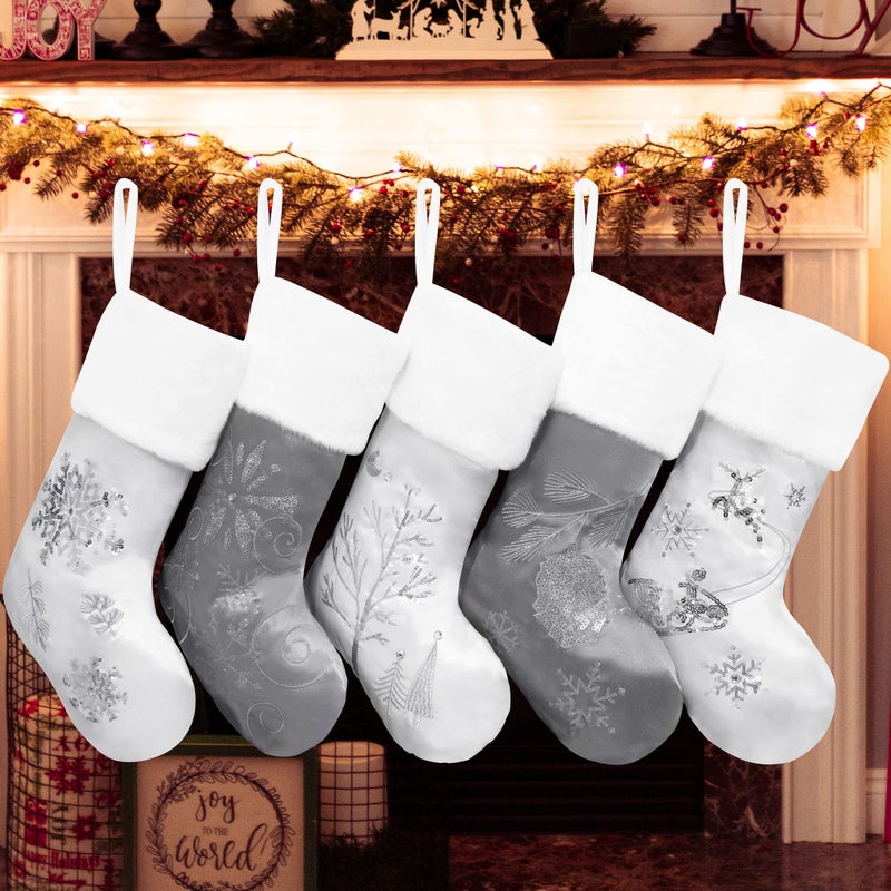 GEX Christmas Stockings 5 Pack for Family 20 Large Silver Grey Satin with Sequins Faux Fur Rhinestones Embroidered Classic Luxury Fireplace Tree Decorations Ornament for Xmas Season Set of 5