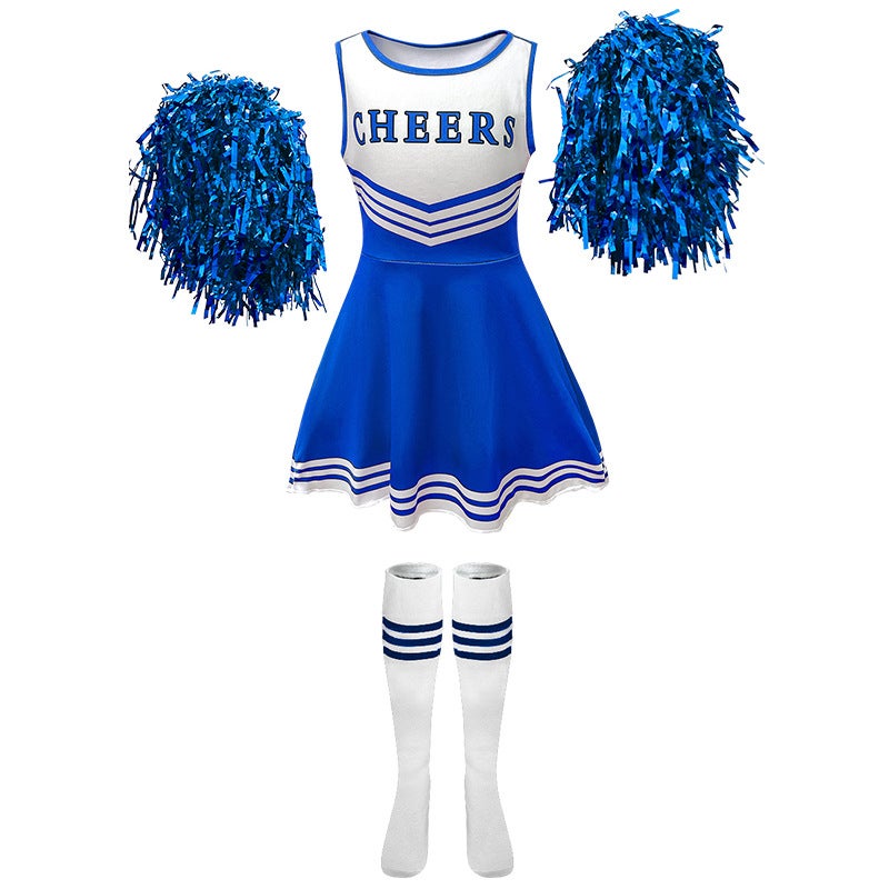 Foreign trade European and American childrens cheerleading uniform five-color CHEERS sleeveless football baby cheerleading pantyhose suit in stock Blue (skirt + socks + cheerleading)